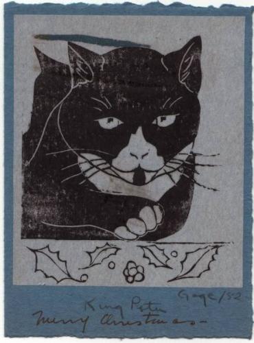 Frances Gage (born 1924)
Merry Christmas / King Peter 1952
linocut on tissue paper, tipped on…