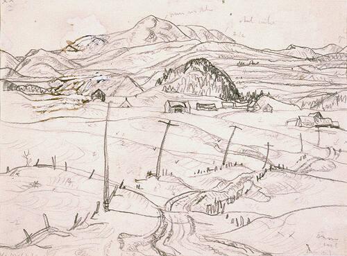 Old Road, Northward from St. Urbain, Quebec (R); Barns, Fence and Gate (V)