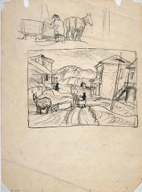 Untitled (village street, horse and sleigh) (R); Untitled (study of horses, sleighs) (V)